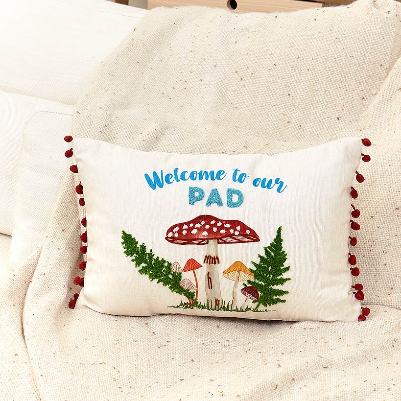 Mushroom Garden Embroidered Decorative Pillow